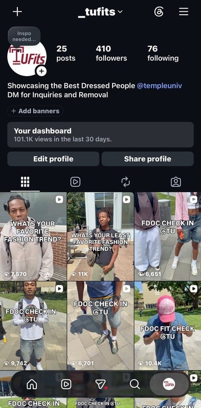TU Fits Instagram profile with 410 followers, showcasing the best dressed people at Temple University